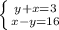 Решите систему уравнений: {y+x=3 {x-y=16