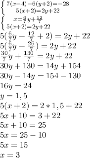 9. Розвязати систему рівнянь:7(x-4) - 6(y+2)=-285(x+2) =2y+22​