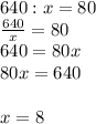 640 : X = 80Решите уравнения плз​