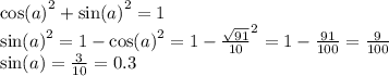 Синус острого угла А треугольника АВС равен √‎91/10. Найдите cosA