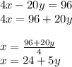 Выразить переменную x через y 4x-20y=96