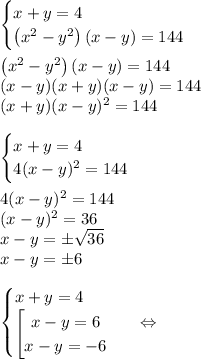 Решить систему уравненийx+y=4 (x2-y2)(x-y)=144​