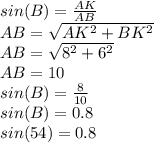 У трикутнику АВС проведена висота АК. знайти синус кута В, якщо АК=8 см, ВК=6 см​