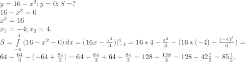 Вычислите площадь фигуры, ограниченной линиями  у = 16 - х2 и осью ОХ