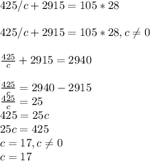 Реши уравнение с проверкой 1)425:c+2915=105*28 2) (45+х)-350=60​