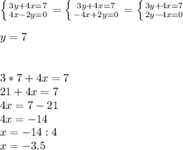 Нужна Реши систему уравнений:{3y+4x=74x−2y=0ответ:(При необходимости ответ округлите до сотых!)x=y=