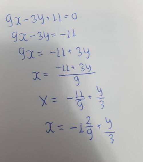 Выразите x из уравнения 9x-3y+11=0​