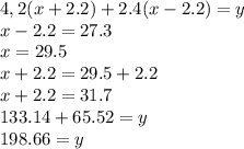 4,2(x+2.2)+2.4(x-2.2)=y\\x-2.2=27.3\\x=29.5\\x+2.2=29.5+2.2\\x+2.2=31.7\\133.14+65.52=y\\198.66=y