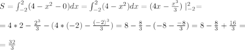 S=\int^2_{-2}(4-x^2-0)dx=\int^2_{-2}(4-x^2)dx=(4x-\frac{x^3}{3})\mid^2_{-2}=\\\\=4*2-\frac{2^3}{3}-(4*(-2)-\frac{(-2)^3}{3})=8-\frac{8}{3}-(-8-\frac{-8}{3})=8-\frac{8}{3}+\frac{16}{3}=\\\\ =\frac{32}{3}