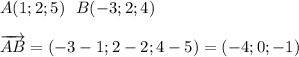 A(1;2;5)\ \ B(-3;2;4)\\\\\overrightarrow{AB}=(-3-1;2-2;4-5)=(-4;0;-1)