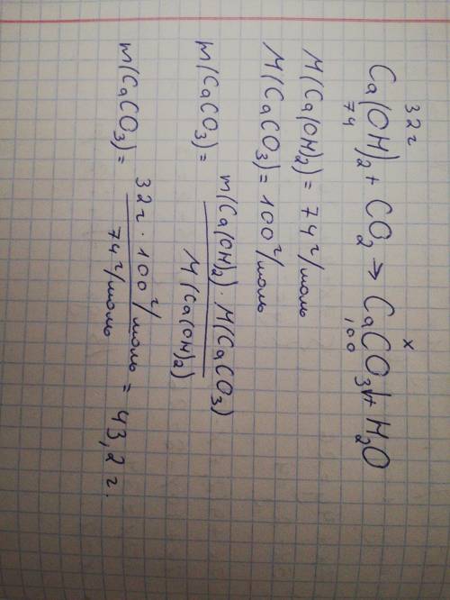 Сколько грамм кальций карбоната добыли взаимодействием 32г. кальций гидроксида с карбон (4) оксидом?