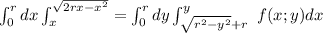 \int_0^rdx \int_x^{\sqrt{2rx-x^2}}=\int_0^rdy \int_{\sqrt{r^2-y^2}+r}^{y}\ f(x;y)dx