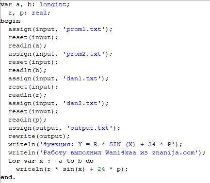  Написать программу (в Pascal) для нахождения значении функции Y = R * SIN (X) + 24 * P на промежутк
