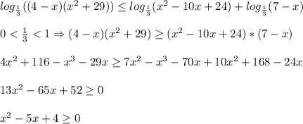 log_{\frac{1}{3}}((4-x)(x^{2}+29))\leq log_{\frac{1}{3}}(x^{2}-10x+24)+log_{\frac{1}{3}} (7-x)\\\\0<\frac{1}{3}<1\Rightarrow (4-x)(x^{2}+29)\geq(x^{2}-10x+24)*(7-x)\\\\4x^{2}+116-x^{3}-29x\geq 7x^{2}-x^{3}-70x+10x^{2}+168-24x\\\\13x^{2}-65x+52\geq 0\\\\x^{2}-5x+4\geq 0