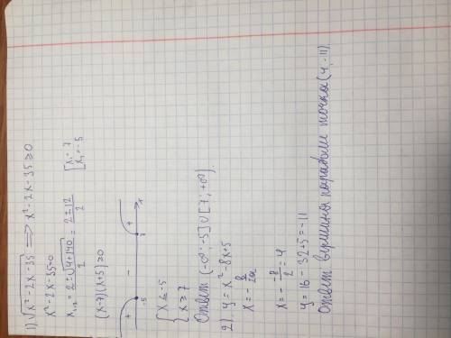  Решить задания: 1) при каких значениях x(икс) имеет смысл выражения √x^2-2x-35 2) вычеслите координ