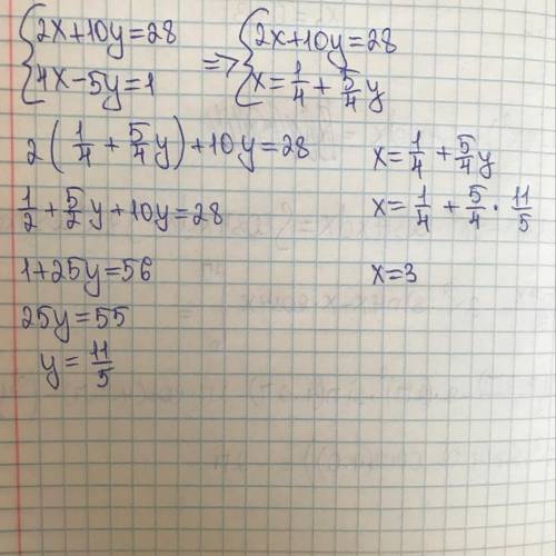  Реши систему уравнений: {2x+10y=28 4x−5y=1 