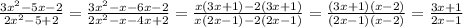 \frac{3x^{2} -5x-2}{2x^{2}-5+2 }=\frac{3x^{2}-x-6x-2 }{2x^{2}-x-4x+2 } =\frac{x(3x+1)-2(3x+1)}{x(2x-1)-2(2x-1)} =\frac{(3x+1)(x-2)}{(2x-1)(x-2)}=\frac{3x+1}{2x-1}