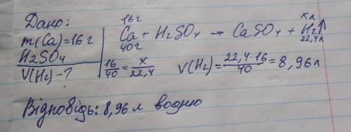  Який об’єм водню виділиться при взаємодії кальцію масою 16 г з сульфатною кислотою? 