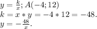 y=\frac{k}{x} ;A(-4;12)\\k=x*y=-4*12=-48.\\y=-\frac{48}{x}.