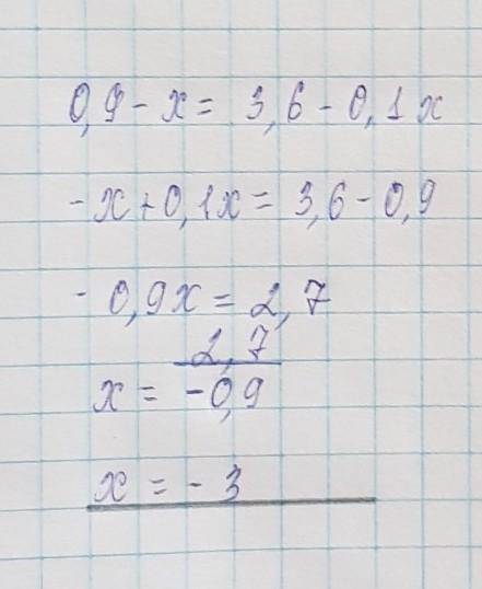 Знайдіть значення змінної для якого рівні вирази 0,9-x і 3,6-0,1x.Будь ласка