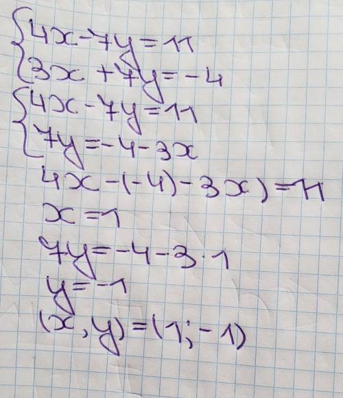  Розв'яжіть додавання систему рівнянь 4х-7у=11 3х+7у=-4 
