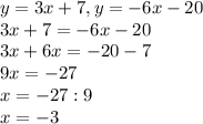 y = 3x+7, y = -6x-20\\3x+7=-6x-20\\3x+6x=-20-7\\9x=-27\\x=-27:9\\x=-3