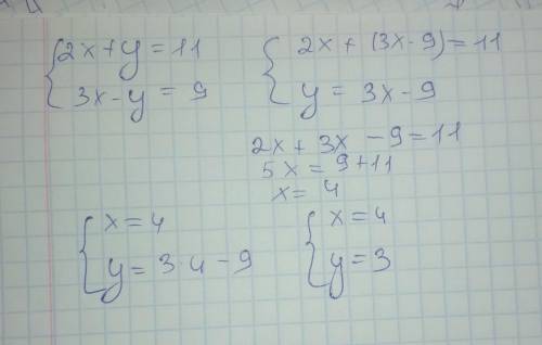  2x+y=11 3x-y=9 яуа з пар чисел x,y є розвязком системи рівняння 