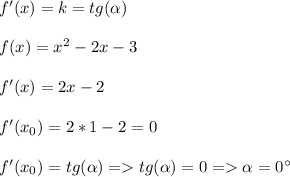 f'(x)=k=tg(\alpha)\\\\f(x)=x^2-2x-3\\\\f'(x)=2x-2\\\\f'(x_0)=2*1-2=0\\\\f'(x_0)=tg(\alpha)=tg(\alpha)=0=\alpha=0^{\circ}