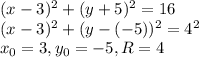 (x-3)^2+(y+5)^2=16\\(x-3)^2+(y-(-5))^2=4^2\\x_0=3, y_0=-5, R=4