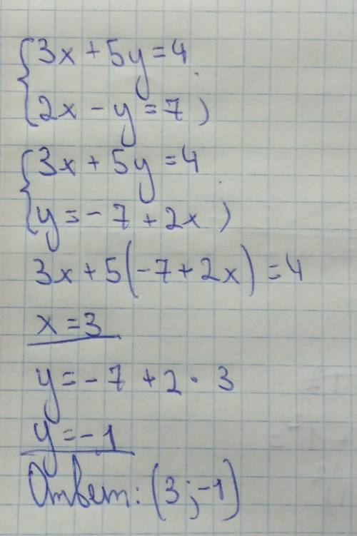Розв'яжіть систему додавання {3x+5y=4 2x-y=7