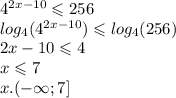  {4}^{2x - 10} \leqslant 256 \\ log_{4}( {4}^{2x - 10} ) \leqslant log_{4}(256) \\ 2x - 10 \leqslant 4 \\ x \leqslant 7 \\ x.( - \infty ; 7] 