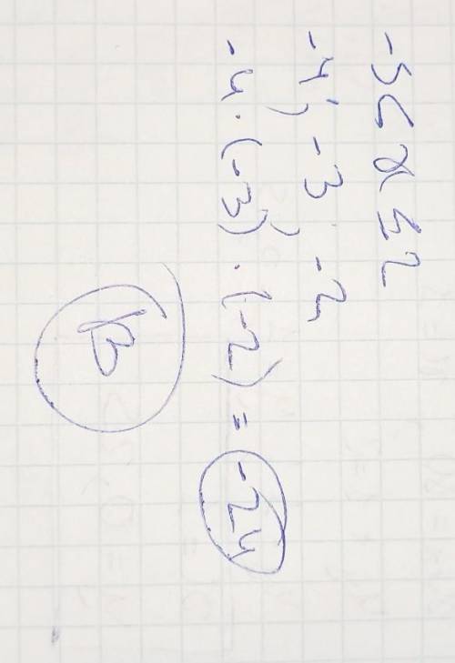  Знайдіть добуток всіх цілих розв’язків нерівності -5<х≤-2 A)24 Б)12 В)-24 Г)-12 