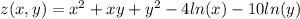 z(x,y)=x^2+xy+y^2-4ln(x)-10ln(y)