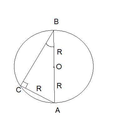У коло з центром О проведено діаметр AB і хорду АС ,що дорівнює радіусу. Знайти кути трикутника на у