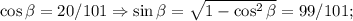 \cos \beta=20/101\Rightarrow \sin\beta=\sqrt{1-\cos^2\beta}=99/101;