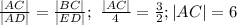 \frac{|AC|}{|AD|}=\frac{|BC|}{|ED|};\ \frac{|AC|}{4}=\frac{3}{2}; |AC|=6