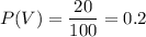 P(V)=\dfrac{20}{100} =0.2