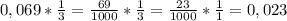 0,069*\frac{1}{3} = \frac{69}{1000} * \frac{1}{3} = \frac{23}{1000} *\frac{1}{1} = 0,023