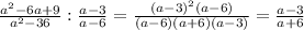 \frac{a^{2}-6a+9 }{a^{2}-36 }:\frac{a-3}{a-6}=\frac{(a-3)^{2}(a-6) }{(a-6)(a+6)(a-3)}=\frac{a-3}{a+6}