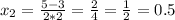 x_{2}=\frac{5-3}{2*2}=\frac{2}{4}=\frac{1}{2}=0.5