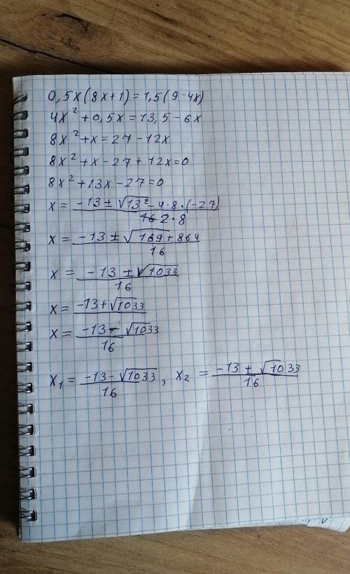 0,5x(8x+1)=1,5(9-4x)