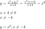 y=\frac{x^{3}+4x^{2} }{x+4} =\frac{x^{2}(x+4) }{x+4} =x^{2}\\\\\ x+4\neq 0\\x\neq -4\\\\y=x^{2} ; x\neq -4