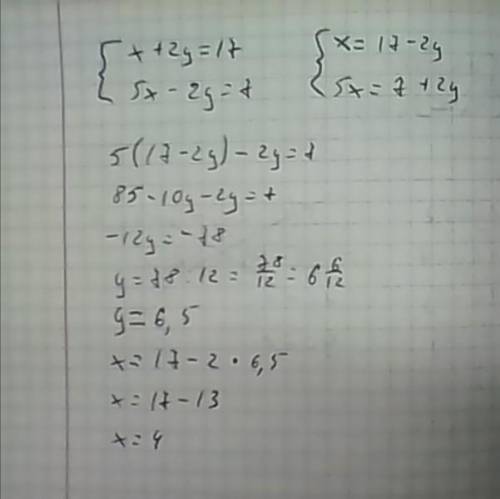 Решите систему уравнений :x+2y=175x-2y=7x=y=? ​