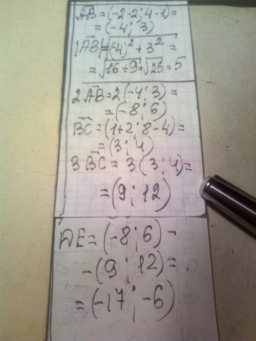  Дано точки А(2;1) В(-2;4) С(1;8). Знайдіть а) координати і абсолютну величину вектора АВ. б) коорди