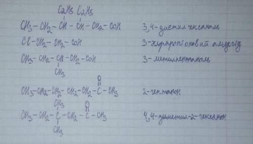  Напишіть структурні формули речовин: 3,4-диетилгексаналь; 3-хлорпропіоновий альдегід; 3-метилпента