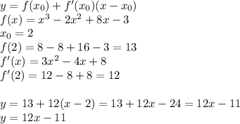 y=f(x_{0}) +f'(x_{0})(x-x_{0})\\f(x)=x^3-2x^2+8x-3\\x_{0}=2\\ f(2)=8-8+16-3=13\\f'(x)=3x^2-4x+8\\f'(2)=12-8+8=12\\\\y=13+12(x-2)=13+12x-24=12x-11\\y=12x-11