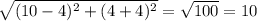 \sqrt{(10 - 4)^{2} + (4 + 4)^{2} } = \sqrt{100} = 10