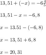 13,51+(-x)=-6\frac{4}{5} \\\\13,51-x=-6,8\\\\x=13.51-(-6,8)\\\\x=13,51+6,8\\\\x=20,31