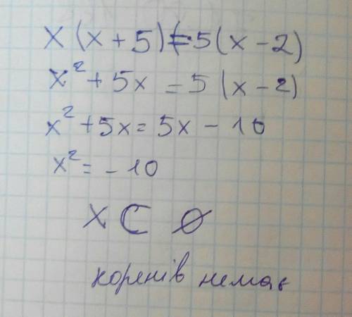  Скільки коренів має рівняння х(х+5)=5(х-2)?​ 