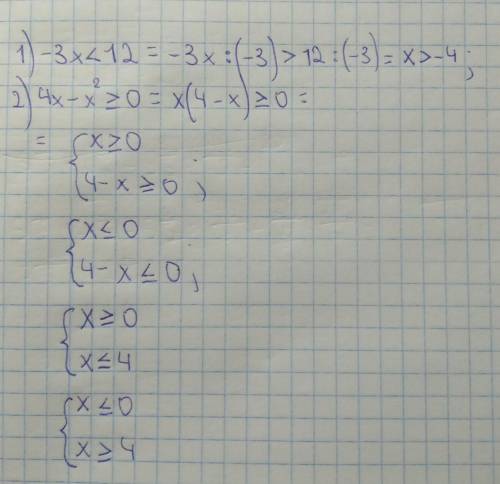 Розв'яжіть нерівність:1)-3x<122)4x-x²≥0​ 